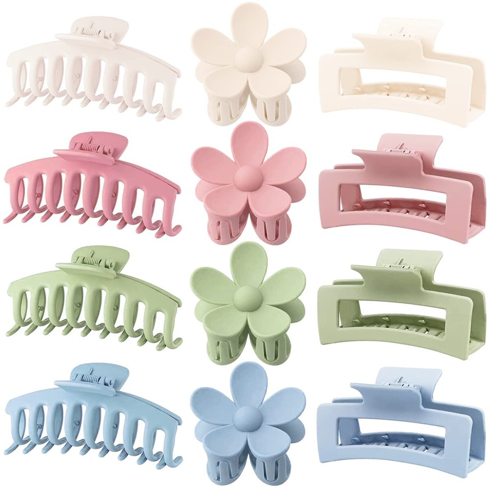 Large Hair Claw Clips 12 Pack, Flower Hair Clips for Thin Hair, Big Square Matte Strong hold for Thick Hair, 3 Styles Hair Clips for Women Thick Hair 4 Colors