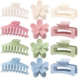 Large Hair Claw Clips 12 Pack, Flower Hair Clips for Thin Hair, Big Square Matte Strong hold for Thick Hair, 3 Styles Hair Clips for Women Thick Hair 4 Colors