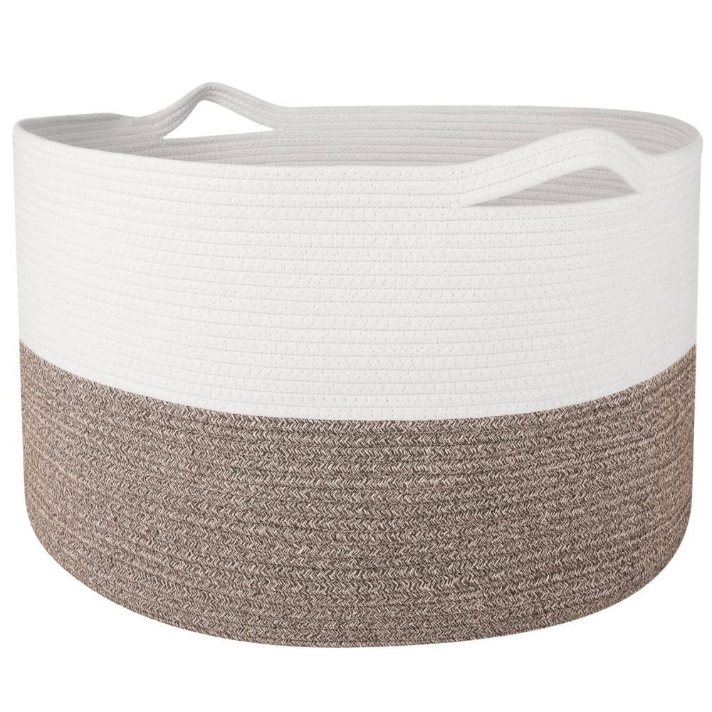 WISELIFE Storage Basket Large Cotton Rope Basket 21.7x 21.7 x 13.8 with Handle Big Soft Nursery Cube Bin Laundry Hamper for Living Room(White/Brown)
