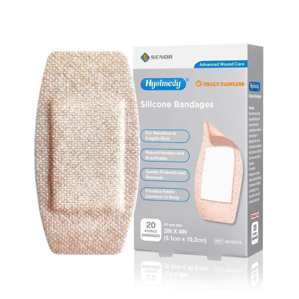 Hysimedy Silicone Adhesive Bandages Large Sizes for Sensitive Fragile Skin 2x4 20 Count Flexible Fabric Latex Free Hypoallergenic Breathable XL Bandages for Adhesive Allergy Wounds