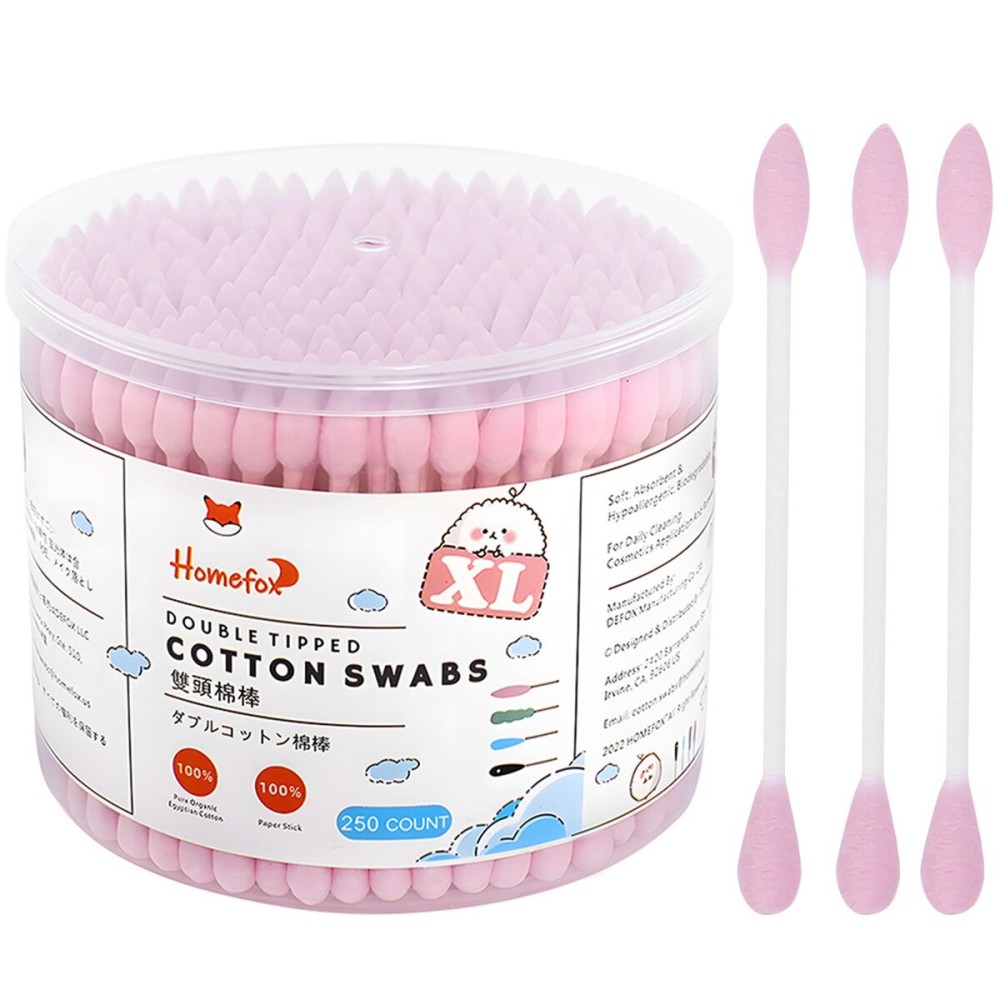 HOMEFOX XL Pink Thick Cotton Swabs Pointed Precision - 250 Count Extra Large - Pointy Organic Cotton Buds Double Side Tightly Wrapped Cotton Tips Paper Stick Cruelty-Free, XL Pointy & Round Pink
