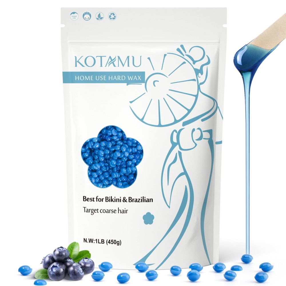 KOTAMU Blue Hard Wax Beads for Sensitive Skin - 1lb Coarse Hair Formula Wax Melts for Brazilian, Armpit, Back, Body, Bikini Hair Removal at Home or Salon (For Women and Men)