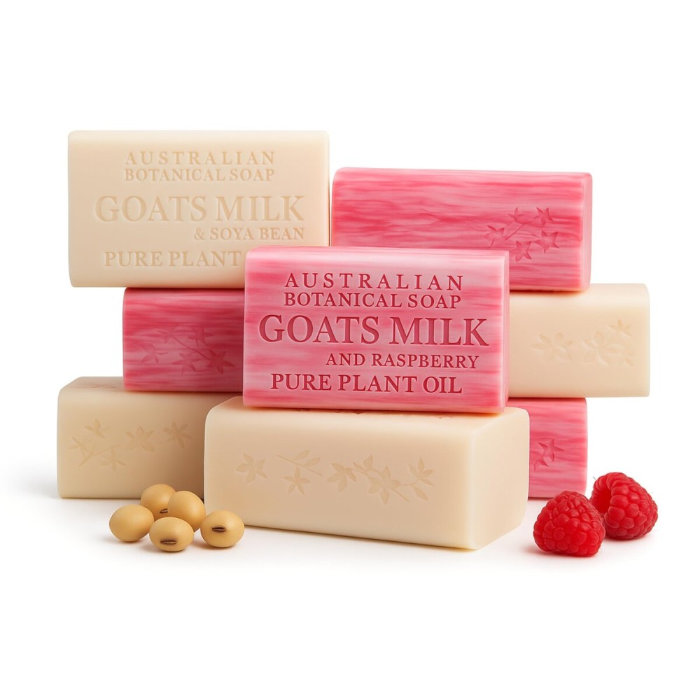 Australian Botanical Soap, Classic Goat Milk and Goat\'s Milk with Raspberry, 6.6 OZ, Triple Milled Bars made with Enriched with Organic Shea Butter, Pack of 8
