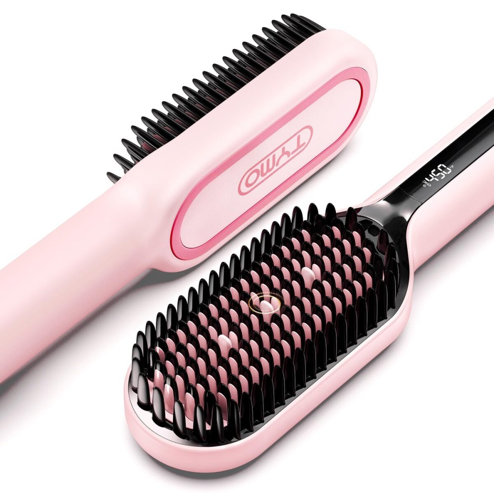TYMO Hair Straightener Brush - Upgraded Ionic Plus Straightening Brush with Dense Bristles, 16 Temps, Dual Voltage | Ceramic Hot Comb for Women | Flat Iron for Thick Curly Hair, Pink