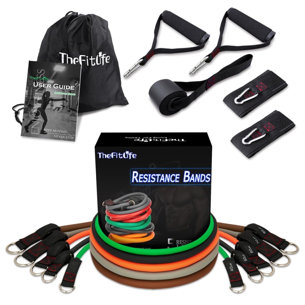 TheFitLife Exercise Resistance Bands with Handles - 5 Fitness Workout Bands Stackable up to 110/150/200/250/300 lbs, Training Tubes with Large Handles, Ankle Straps, Door Anchor, Carry Bag (300LBS)