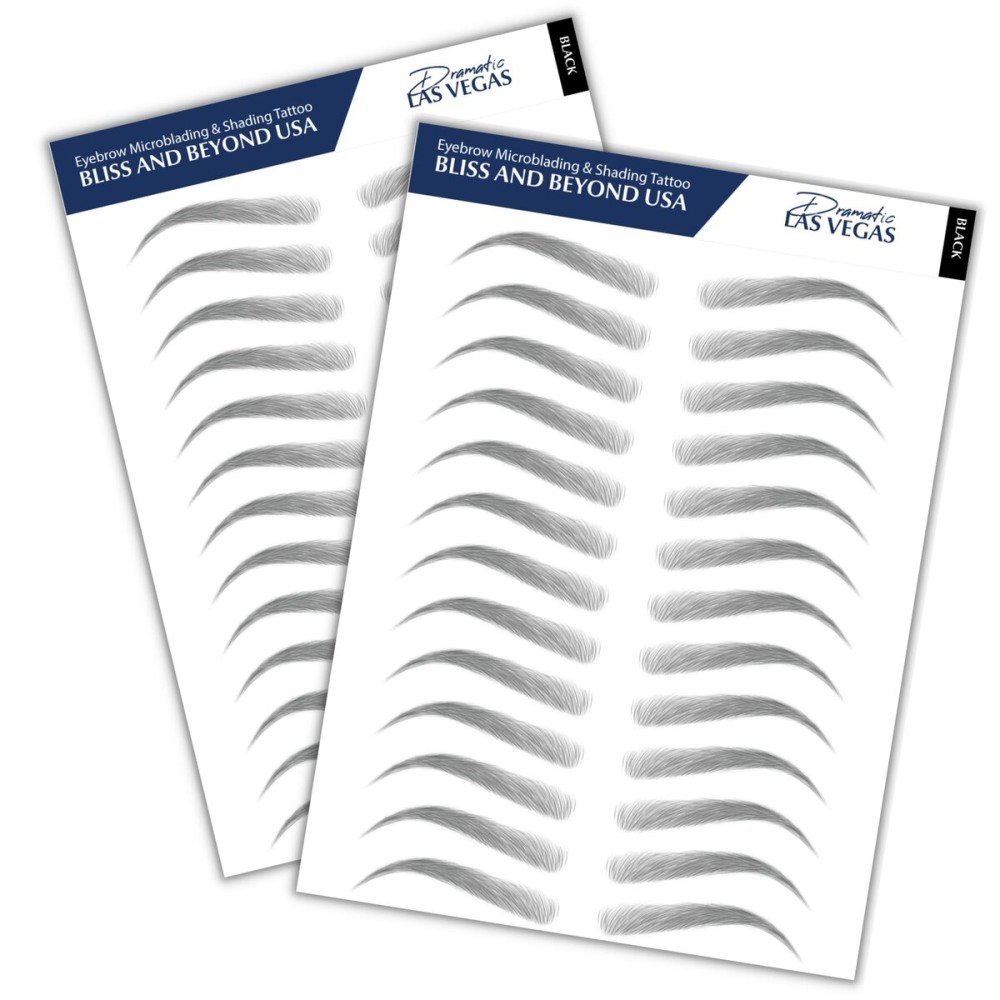 Bliss and Beyond USA, 2 Sheets Waterproof Eyebrow Tattoo Stickers, Long Lasting, Natural Looking Fake Eyebrows for Alopecia, Chemo, Cancer Gift. Same Size (Dramatic Las Vegas, Black)