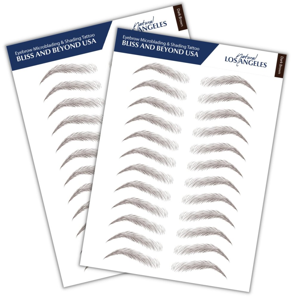 Bliss and Beyond USA, 2 Sheets Natural Looking Eyebrow Tattoo Stickers, Long Lasting, Waterproof, Same Size (Los Angeles, Dark Brown) for Alopecia, Chemo, Cancer Gift