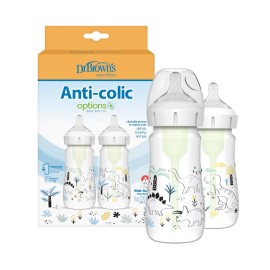 Dr. Brown\'s Anti-Colic Options + Wide-Neck Baby Bottle Designer Edition Dino Decos, 9oz/270mL, Level 1 Slow Flow Nipple, BPA-Free, 0m+, 2-Pack