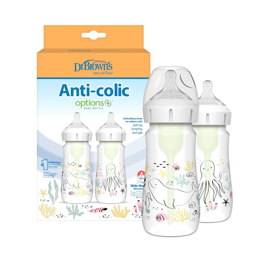 Dr. Brown\'s Anti-Colic Options+ Wide-Neck Baby Bottle Designer Edition Bottles, Ocean Decos, 9 oz/270 mL, Level 1 Nipple, 0m+, 2-Pack