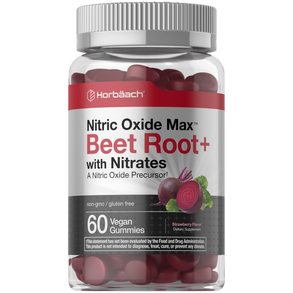 Horbach Nitric Oxide Beet Root Gummies | 60 Count | with Nitrates | Strawberry Flavor | Vegan, Non-GMO, Gluten Free Supplement