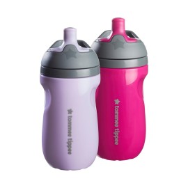 Tommee Tippee Insulated 9oz Sporty Spout Toddler Water Bottle, No Spill, Sippy Cups for Toddlers 1-3, Two-Piece Valve Helps Stop Spills, Lilac & Plum, BPA Free, Pack of 2