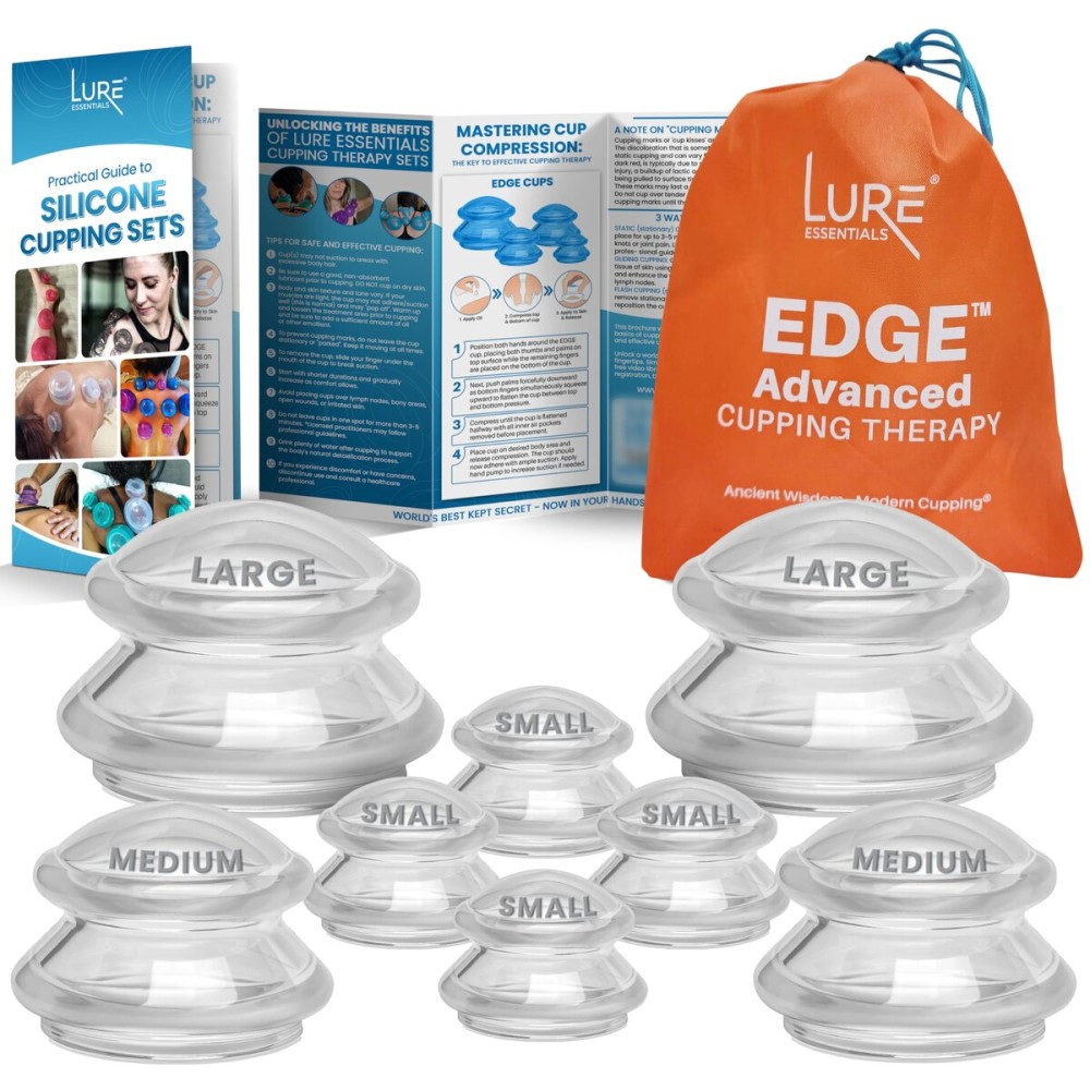 Lure Essentials Edge Silicone Cupping Set, Cupping Kit for Massage Therapy, Long Lasting Cups for Professional & Home Use, Body Sculpt Cup for Cellulite, Ultra Transparent Clear (8 Count)