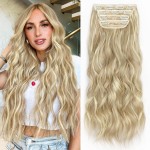 ALXNAN Clip in Long Wavy Synthetic Hair Extension 20 Inch Beach Blonde 4PCS Thick Hairpieces Fiber Double Weft Hair for Women