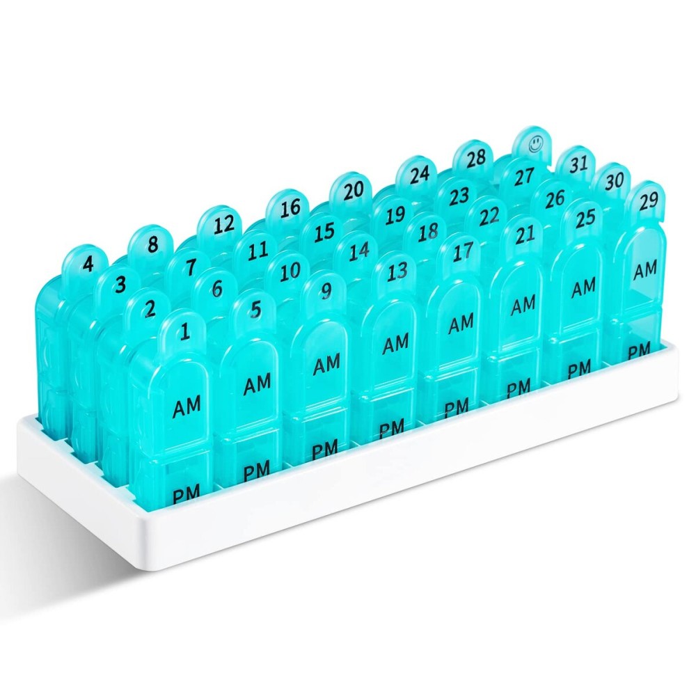 Daviky Monthly Pill Organizer 2 Times a Day, 30 Day Pill Box AM PM with Separate Container, One Month Medicine Case Twice a Day to Hold Vitamins, Supplements and Medication (Cyan)