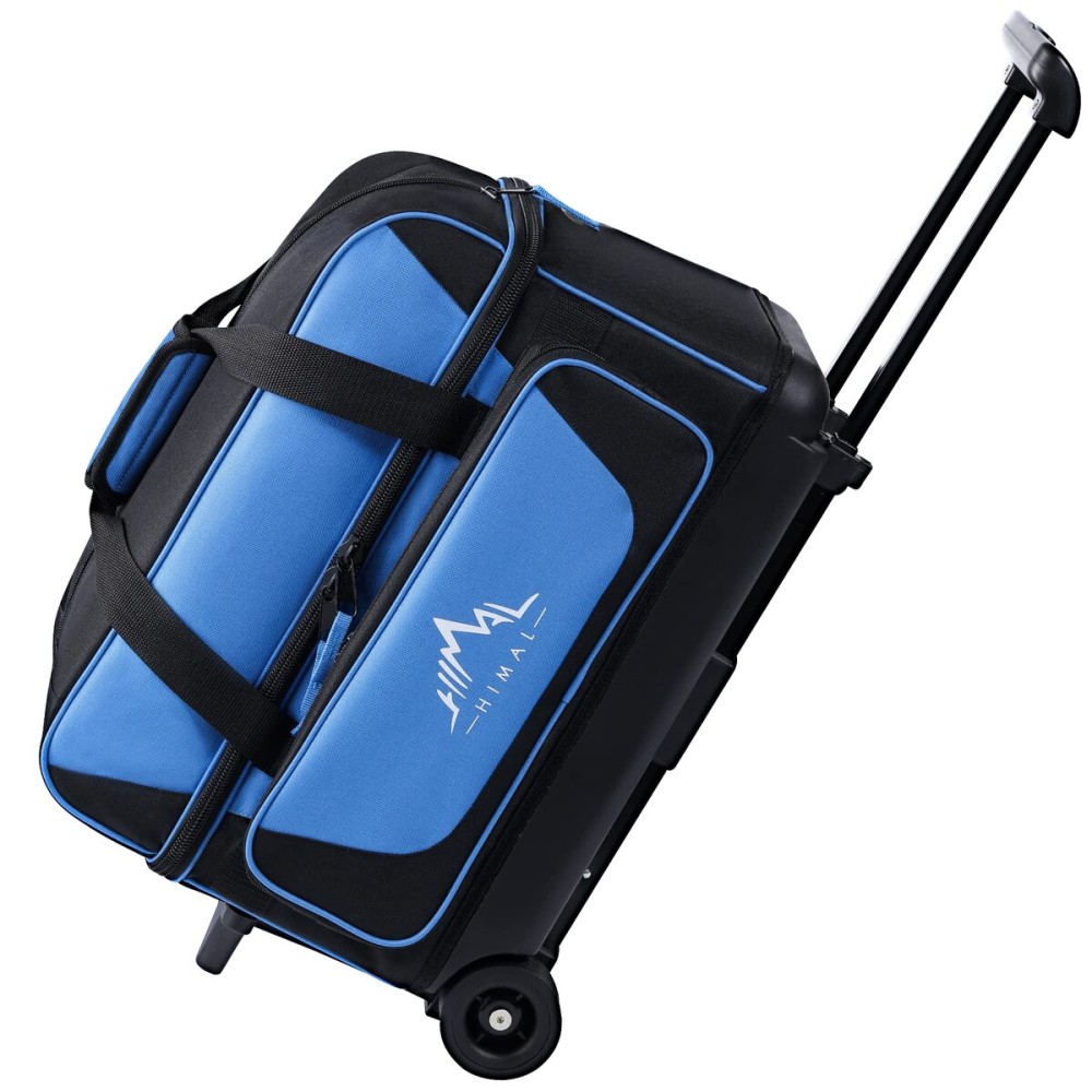 GoHimal Double Roller 2 Ball Bowling Bag with Separate Shoe Compartment for Bowling Shoes (Up To US Mens Size 15) and Oversized Accessory Pocket, Retractable Handle - Extends to 40 (Black-Blue)