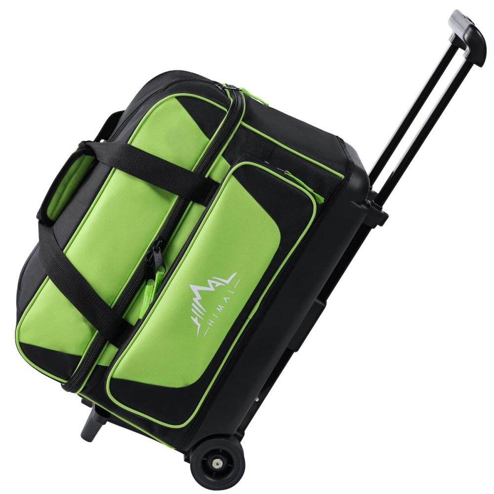 GoHimal Double Roller 2 Ball Bowling Bag with Separate Shoe Compartment for Bowling Shoes (Up To US Mens Size 15) and Oversized Accessory Pocket, Retractable Handle - Extends to 40 (Black-Green)