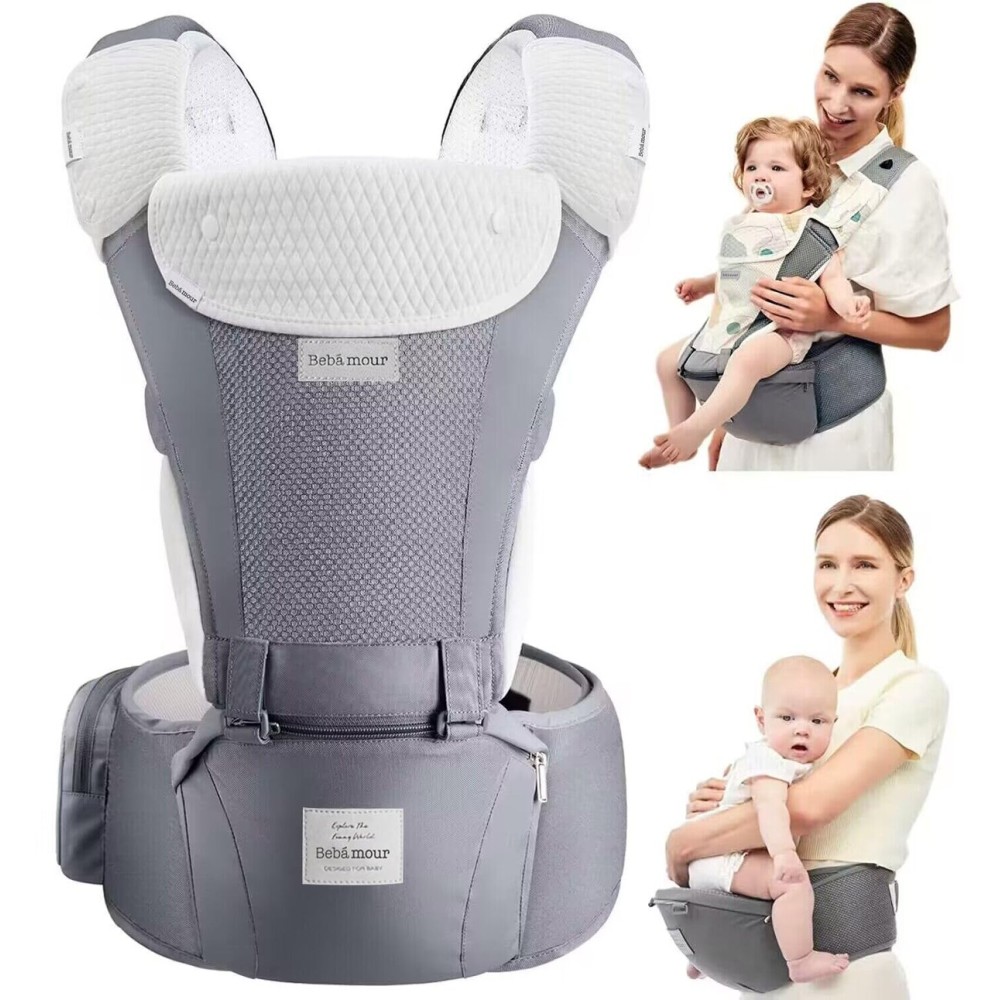Bebamour Baby Carrier Newborn to Toddler-2 in 1 Hip Seat & Carrier Front and Back Carry with Head Hood & 3 Pieces Teething Pads& Waist Extenders & Storage Bag 0-36 Months (New Grey)