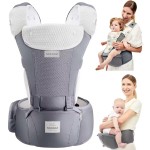 Bebamour Baby Carrier Newborn to Toddler-2 in 1 Hip Seat & Carrier Front and Back Carry with Head Hood & 3 Pieces Teething Pads& Waist Extenders & Storage Bag 0-36 Months (New Grey)