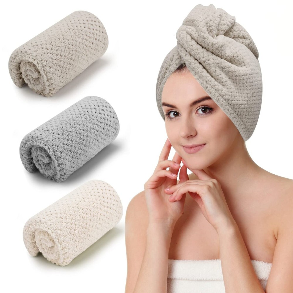 CZZXI 3 PCS Microfiber Hair Towel - Wraps for Wet Hair, Anti Frizz Turbans, for Curly Hair (Beige, Khaki, Grey)