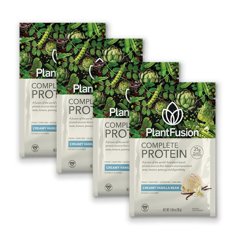 PlantFusion Complete Vegan Protein Powder Sample Packets - Plant Based Protein Powder Packets to-Go with BCAAs and Pea Protein - Keto, Gluten Free, Non-Dairy, No Sugar (Vanilla Pack of 4)