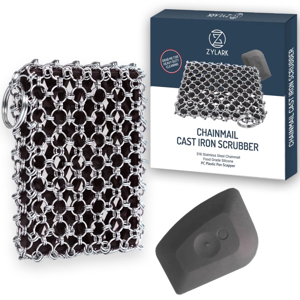 Zylark 316L Cast Iron Scrubber + Scraper Tool - Pan Cleaner Scrubber with Silicone Insert - Cast Iron Cleaning Kit - Chainmail Scrubber for Cookware