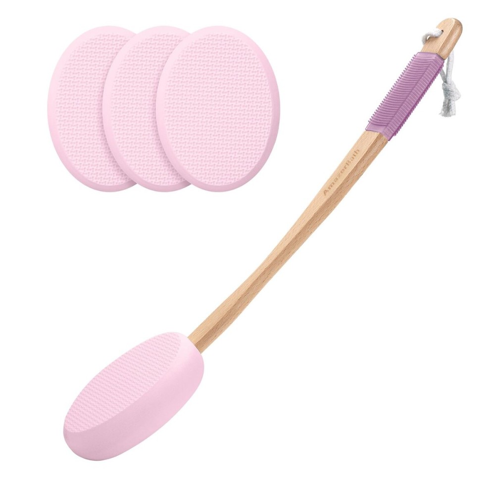 AmazerBath Lotion Applicator for Back, Feet, 4 Replaceable Pads with Long Handle, Back Sunscreen Applicator for Elderly, Women, Apply Cream Medicine Skin Cream Moisturizer Sunscreen Tanner, Pink