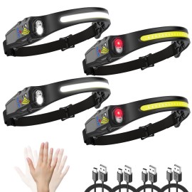 Headlamp Rechargeable 4Pack, 230 Wide Beam Head Lamp, LED Headlamp with Motion Sensor, 7Mode Head Lights for Forehead, Bright Headlamps for Adults, Red Light Headlight, Hard Hat Light, Camping Gear