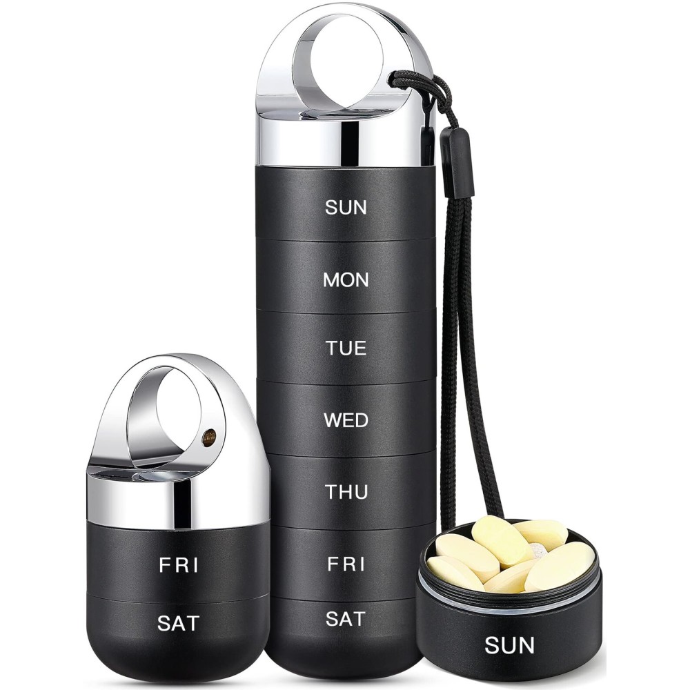 Zannaki Metal Travel Pill Organizer, Portable Waterproof Weekly Pill Box, Large Aluminum Alloy Pill Case Container, BPA Free 7 Day Daily Medicine Organizer Holder for Vitamin, Fish Oil, Supplement