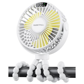 SWEETFULL Portable Stroller Fan with LED Display, 4 Speed Rechargeable Mini Clip On Fan, 360 Rotate Flexible Tripod Better Cooling Small Baby Fan for Car Seat Crib Travel Bike Treadmill (White)