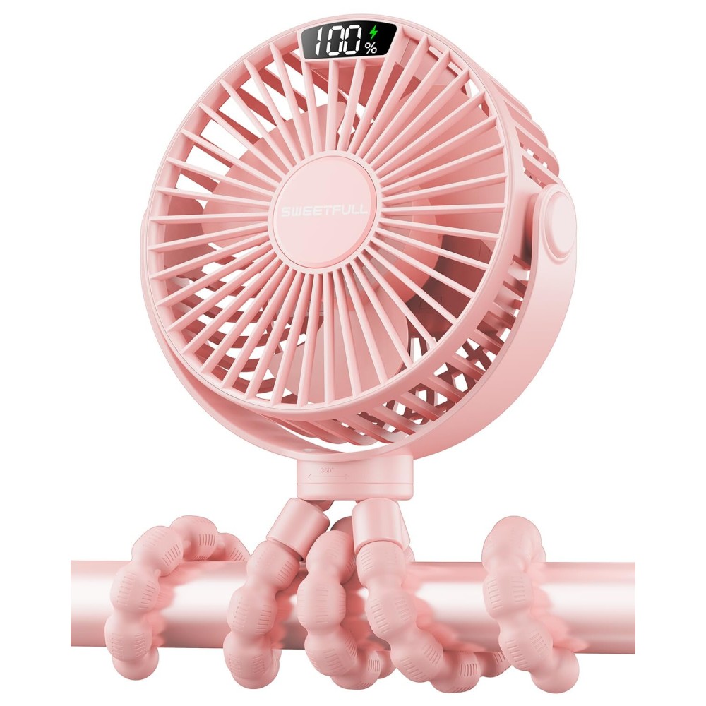 SWEETFULL Portable Stroller Fan with LED Display, 4 Speed Rechargeable Mini Clip On Fan, 360 Rotate Flexible Tripod Better Cooling Small Baby Fan for Car Seat Crib Travel Bike Treadmill (Pink)