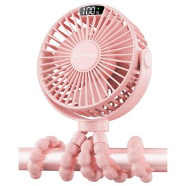 SWEETFULL Portable Stroller Fan with LED Display, 4 Speed Rechargeable Mini Clip On Fan, 360 Rotate Flexible Tripod Better Cooling Small Baby Fan for Car Seat Crib Travel Bike Treadmill (Pink)
