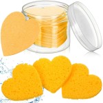 Nuenen 60 Pieces Facial Sponges with Container, Heart Shape Compressed Face Sponges Natural Cleaning Pads for Washing Face Cleaning Exfoliating Esthetician Makeup Removal(Yellow)