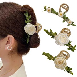 Large Metal Camellia Hair Claws for Women - 2Pcs Sweet Retro Non-Slip Butterfly Leaf and Flower Jaw Clips, Cute Big Hair Accessories