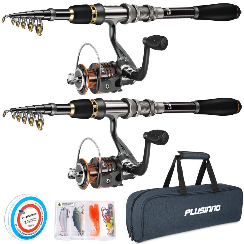 PLUSINNO Telescopic Fishing Rod and Reel Combos Full Kit, Carbon Fiber Fishing Pole, 12 +1 Shielded Bearings Stainless Steel BB Spinning Reel(2pack)