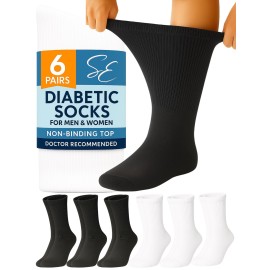 Special Essentials Diabetic Socks for Men & Women - 6 Pairs of Non-Binding Extra Wide Top Cotton Neuropathy Socks - Crew Length, Black and White, 13-15