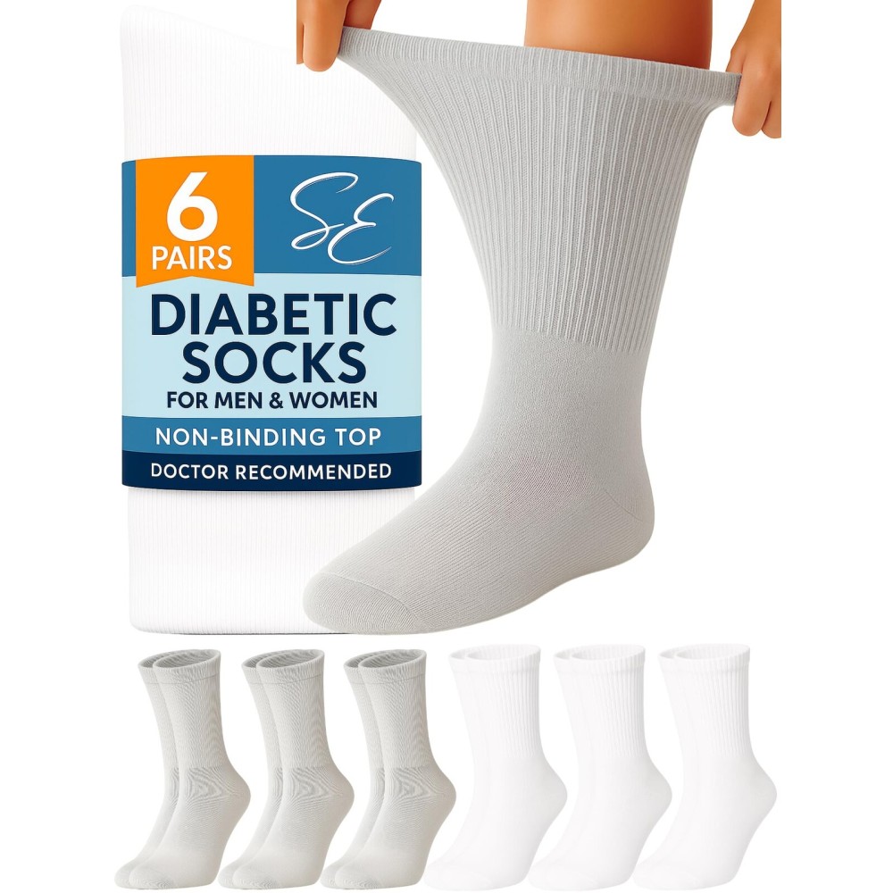 Special Essentials Diabetic Socks for Men & Women - 6 Pairs of Non-Binding Extra Wide Top Cotton Neuropathy Socks - Crew Length, White and Gray, 13-15
