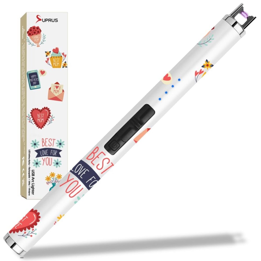 SUPRUS Candle Arc USB Type C Lighter Electric Lighter with Upgraded LED Battery Display Safety Switch Rechargeable Flameless Plasma Windproof Portable for Mothers Day (White)