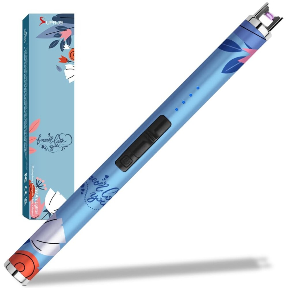 SUPRUS Candle Arc USB Type C Lighter Electric Lighter with Upgraded LED Battery Display Safety Switch Rechargeable Flameless Plasma Windproof Portable for Mothers Day (Blue)