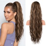 FLUFYMOOZ Ponytail Extension, 26 Inch Drawstring Ponytail Hair Extensions for Women Long Curly Wavy Ponytail Natural Synthetic Hairpiece for Women (26 Deep Brown with Dirty Blonde)