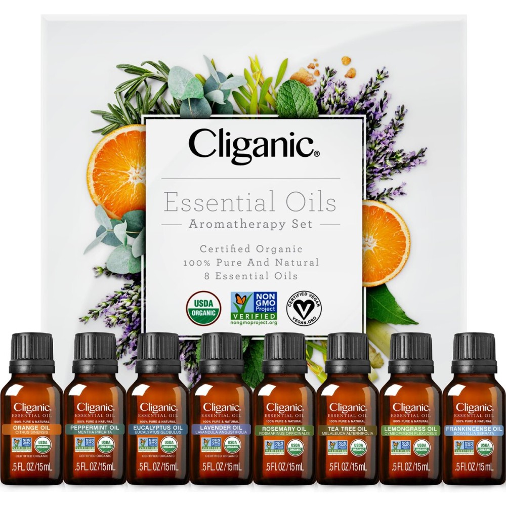 Cliganic Organic Aromatherapy Essential Oils Gift Set (Top 8), 100% Pure - Peppermint, Lavender, Eucalyptus, Tea Tree, Lemongrass, Rosemary, Frankincense & Orange