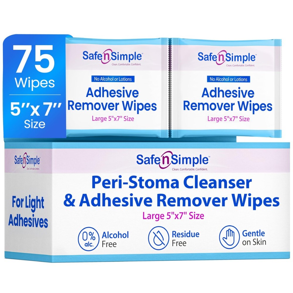 Safe n Simple Adhesive Remover for Skin - 75 Individually Wrapped 5x7 Sting Free Alcohol Free Medical Adhesive Remover Wipes - Gentle Stoma & Ostomy Adhesive Removal Pads for Sensitive Skin