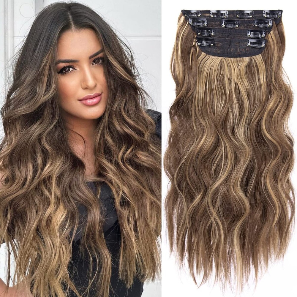 4PCS Clip in Hair Extensions Honey Blonde Mixed Light Brown 20 Inch Long Wavy Synthetic Hair Extensions (4pcs, 20Inch, 22H10)