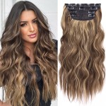4PCS Clip in Hair Extensions Honey Blonde Mixed Light Brown 20 Inch Long Wavy Synthetic Hair Extensions (4pcs, 20Inch, 22H10)