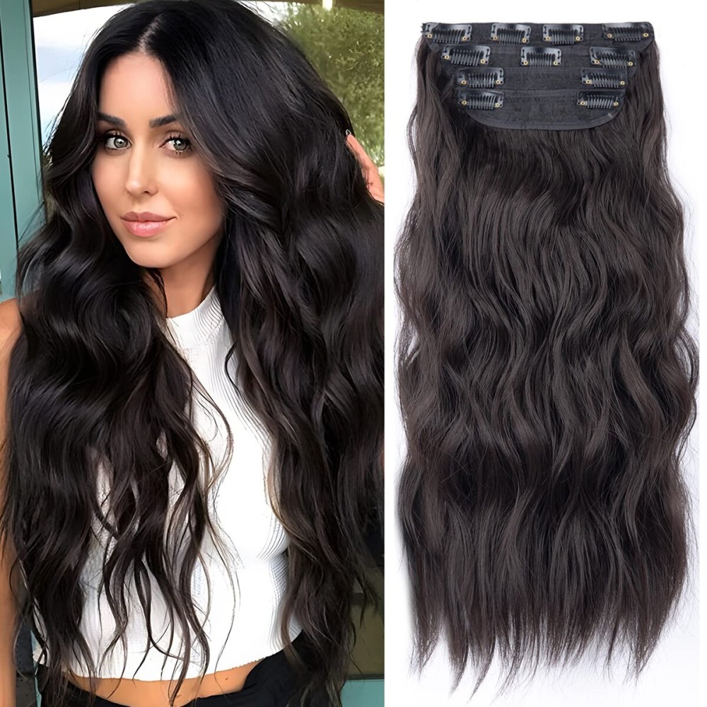Clip in Synthetic Hair Extensions Long Wavy 4PCS Thick Hairpieces Dark Brown Fiber Double Weft Natural Hair Extensions 20 Inch for Women (4pcs, 20Inch, 6A)