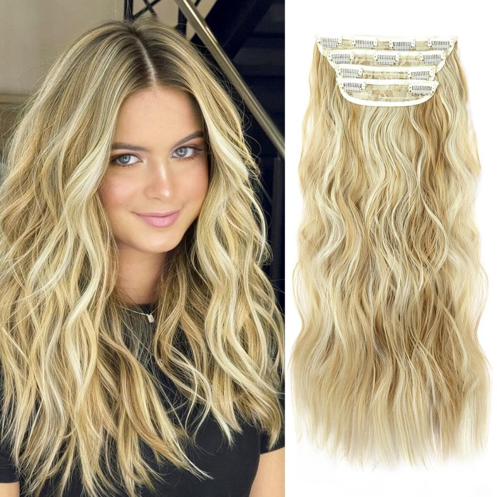 Clip in Long Wavy Synthetic Hair Extension 20 Inch 4PCS Dark Golden Mix Beige Blonde Highlights Hairpieces Thick Double Weft Hair Extension for Women (4pcs, 20Inch, P86/613)