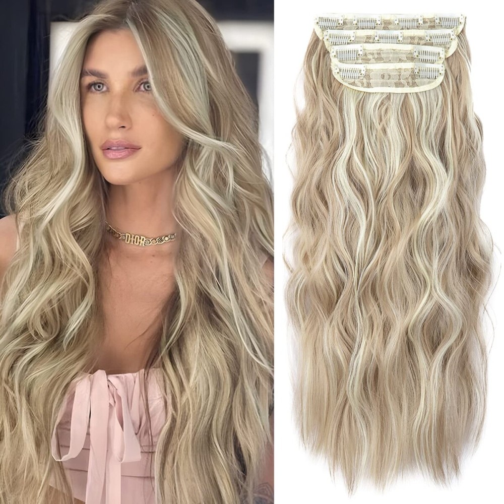 Clip in Natural Hair Extensions Long Wavy 4PCS Thick Hairpieces Dark Ash Blonde Mixed Bleach Blonde Double Weft Synthetic 20 Inch for Women (4pcs, 20Inch, 16H613)