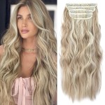 Clip in Natural Hair Extensions Long Wavy 4PCS Thick Hairpieces Dark Ash Blonde Mixed Bleach Blonde Double Weft Synthetic 20 Inch for Women (4pcs, 20Inch, 16H613)