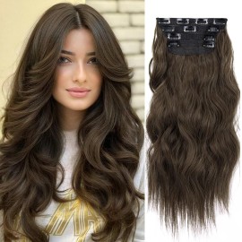 Double Weft Synthetic Hair Extension 4PCS Thick Hairpieces Clip in Long Wavy Hair Extensions Chestnut Brown 20 Inch (4pcs, 20Inch, 8/10)