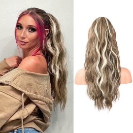 FLUFYMOOZ Ponytail Extension, 22 Inch Drawstring Ponytail Hair Extensions for Women Long Curly Wavy Ponytail Natural Wavy Synthetic Hairpiece for Women (22 Ash Brown with Blonde Highlights)