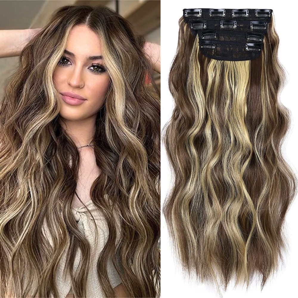 Clip in Synthetic Hair Extensions Long Wavy 4PCS Thick Hairpieces Blonde Highlighted Medium Brown Fiber Double Weft Natural Hair Extensions 20 Inch for Women (4pcs, 20Inch, 86H10)